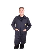 Our unisex ESD Lab Coat is in a black polyester cotton fabric with 2% conductive fibre content.
