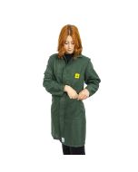 A unisex ESD lab coat in a vibrant dark green fabric. 