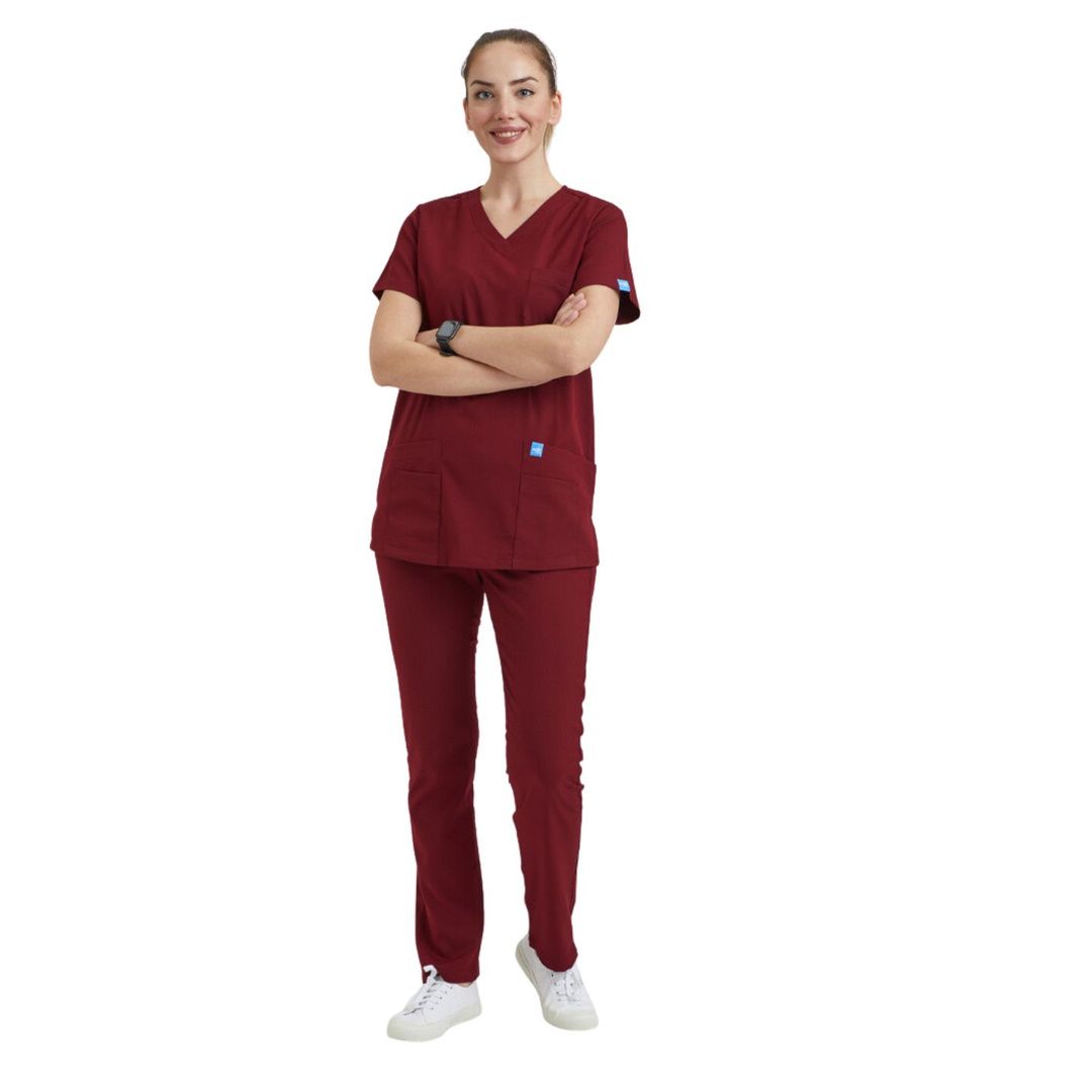Female stretch fabric scrubs in burgundy