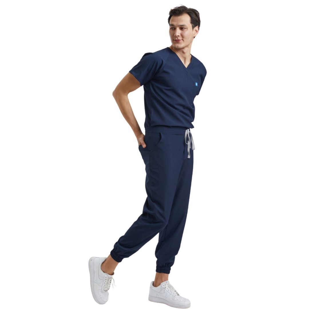 Navy blue jogger scrubs set top