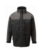 Image of the black TuffStuff Cleveland water-resistant Jacket. Showing front pockets at the top for a phone and pens, zip and storm flap with popper fastening at the top.