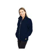 Female model wears a unisex navy blue thick fleece zipped up with her hands in the pockets and showing an ESD badge on the hem.