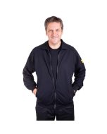 The model wears unisex black ESD fleece with long zip and his hands resting inside the two front pockets.