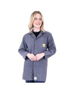 An ESD Lab Jacket in a dark grey polyester cotton 2% carbon monofilament fabric. Conforms to EN 61340-4-9