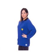 A royal blue knitted polo shirt fabric with a 3% conductive fibre for use in ESD static control areas. 