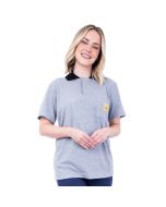 A stylish ESD polo shirt in a light grey fabric with black collar. A short-sleeved version.