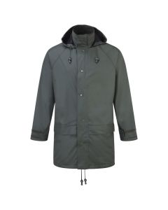 Front view of the Fort Flex 220 waterproof jacket in green with drawcord hood, front pckets, velcro adjustable cuffs, front poppers and pull cord hem.