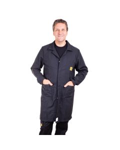 Our unisex ESD Lab Coat is in a black polyester cotton fabric with 2% conductive fibre content.
