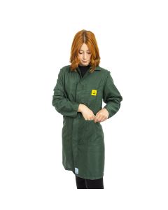 A unisex ESD lab coat in a vibrant dark green fabric. 