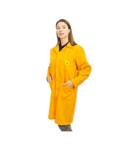 A 2/3rd length ESD lab coat in a vibrant orange fabric