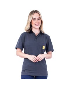 Rachel models our ESD polo shirt in a dark grey knitted fabric with a black collar