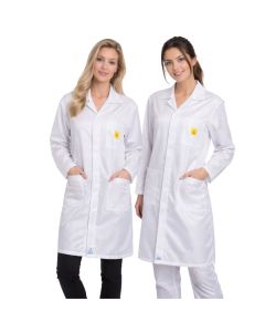 An ISO 7 Cleanroom class 10000 ESD Lab Coat in white fabric.