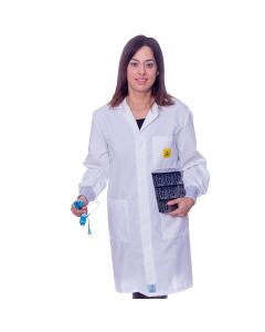 A crisp white ESD fabric lab coat with elastic cuffs