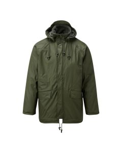 Front view of the Fort Workwear Flex Lined Jacket in green showing high neck, fleece lining, two front pockets with storm flap and draw string hood.