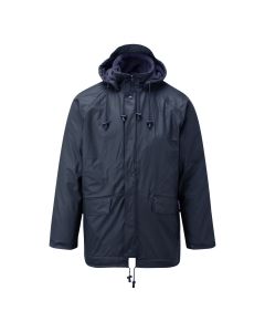 Front view of the Fort Workwear Flex Lined Jacket in navy blue showing a high neck collar, fleece lining, detachable hood, two front pockets and storm flap.