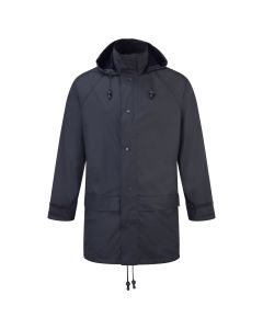Front view of the Fort 220 Flex Waterproof Jacket in navy blue showing a storm flap with drawcord hood, two front pockets and velcro sleeves.