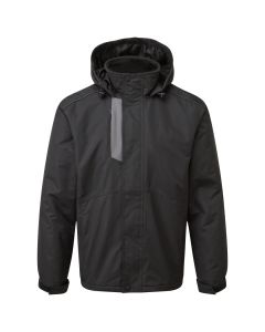 Front view of the black 293 TuffStuff Newport Jacket showing a pull cord hood, storm flap and adjustable cuffs.