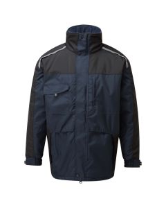 Front of the navy blue TuffStuff Cleveland Jacket showing the water-resistant material with black panels on the shoulders and a high neck. 