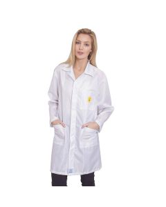 An ISO 7 Cleanroom class 10000 ESD Lab Coat in white fabric.