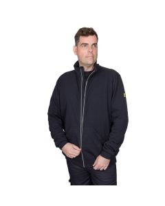 Model wears a zipped black sweat jacket with electrostatic discharge properties showing the ESD symbol on the left arm sleeve.
