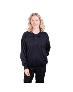 Model wears an ESD black fleece with a short zip and ESD logo on the left arm.