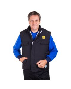 Male model posing with his hand in a side pocket wearing a black ESD quilted bodywarmer with ESD badge detail, two top pockets and two side pockets. ALso features a zip front and velcro fastening.