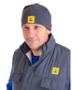 An ESD winter hat in a grey fabric with a prominent ESD badge.