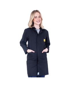 Our ESD Lab Coat is in a black polyester cotton fabric with 3% conductive fibre content.