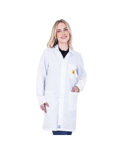 A stylish ESD lab coat in a white 63% polyester 33% cotton 4% carbon fibre fabric. 
