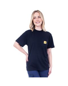 A stylish T-shirt in a navy blue polyester cotton fabric for ESD protection. This T-shirt has a black collar 