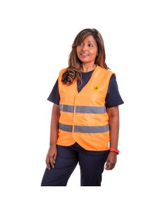 An ESD hi-vis vest in orange polyester fabric with 2% carbon thread on a 5mm grid.