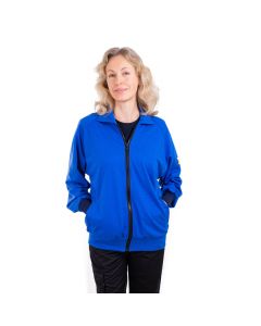 Model wears an ESD fleece in a vibrant royal blue colour with a full length black zip, and collar.