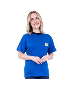 A 96% cotton 4% conductive fibre ESD royal blue t-shirt. Ideal for PCB assembly production areas.