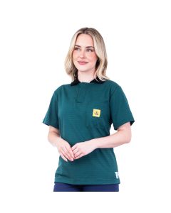Stylish ESD short-sleeved polo shirt in a dark green fabric with black collar
