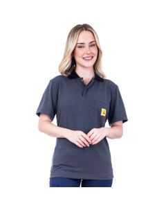 Rachel models our ESD polo shirt in a dark grey knitted fabric with a black collar