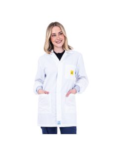 An ESD lab jacket in crisp white material with elastic cuffs. Add embroidery for brand awareness