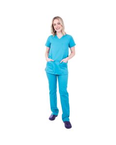 A cool blue fabric scrubs set is in stock. Available as a set or separate top and trousers