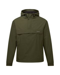 Image of the TuffStuff 295 Sutherland Windbreaker jacket in green showing a fleece lining, pull cord hood, elasticated sleeves, kangaroo pocket and side zip.