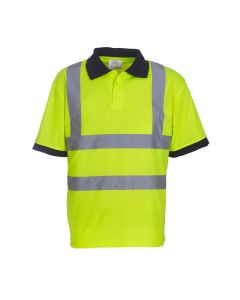 Yoko yellow hi-vis polo shirt with navy blue collar and cuffs