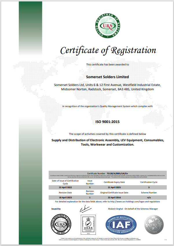 Somerset Solders Ltd ISO9001:2015 certificate