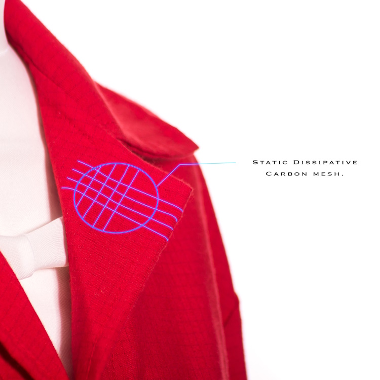 A red ESD lab coat showing the carbon monofilament grid