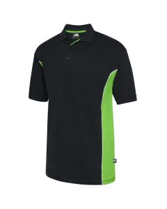 A very stylish two tone premium polo shirt in black and lime with white piping