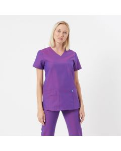 Vibrant purple scrubs top and trousers.