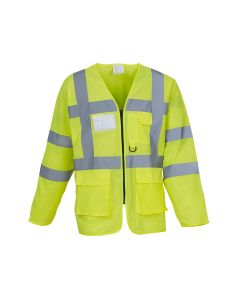 Yoko YK108 yellow Hi-vis executive long sleeved waistcoat which conforms to EN ISO 20471:2013 + A1:2016 class 3